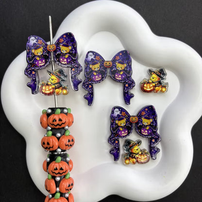 Halloween Goth Coquette Bow & Focal Beads Variety Pack for Beadable Pens, Cute Pumpkin Ghost Skeleton Acrylic Beads Mix, DIY Keychain Charm Supplies