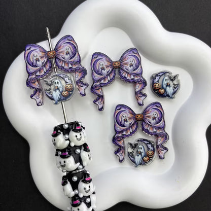 Halloween Goth Coquette Bow & Focal Beads Variety Pack for Beadable Pens, Cute Pumpkin Ghost Skeleton Acrylic Beads Mix, DIY Keychain Charm Supplies