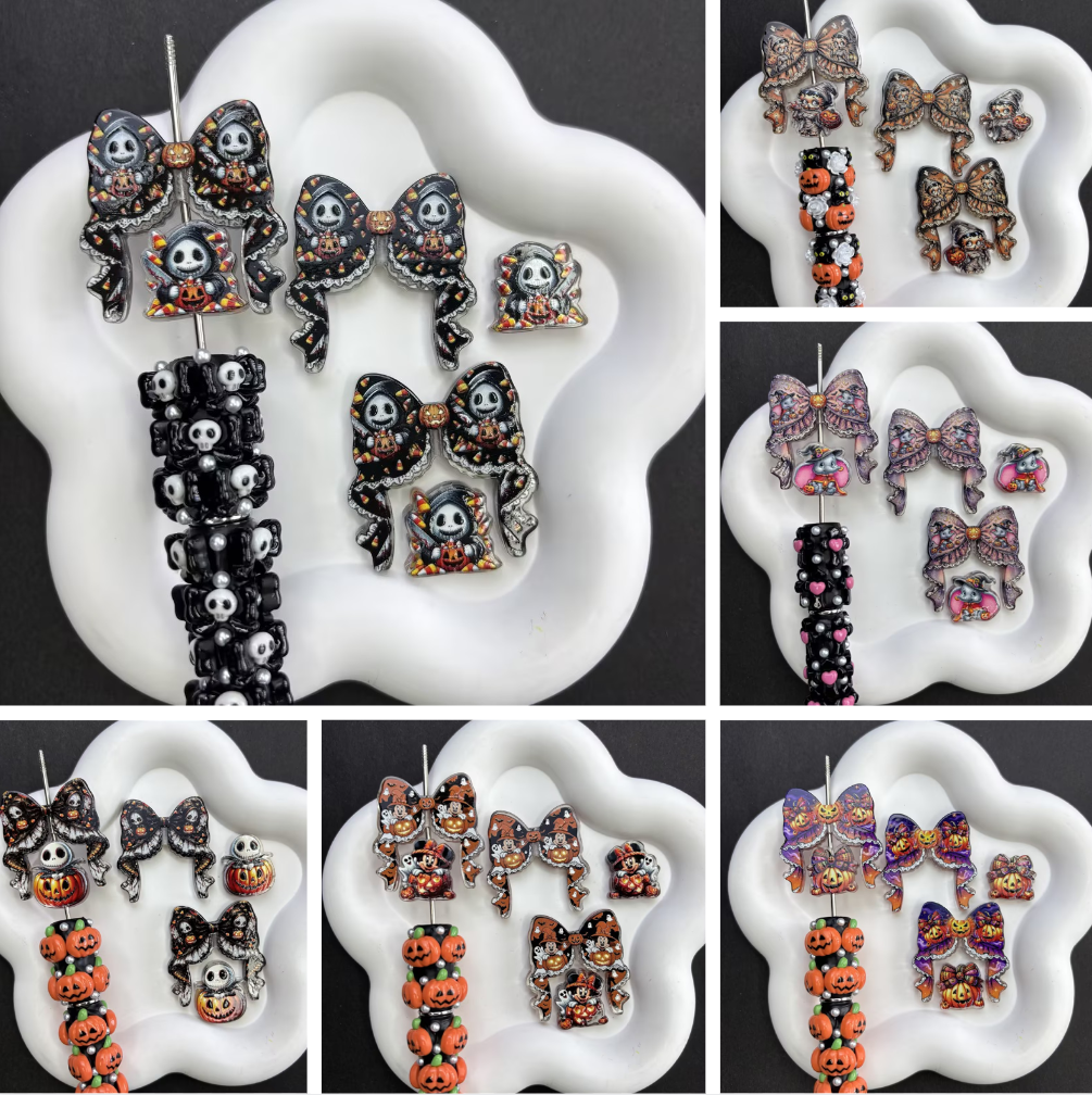 Halloween Goth Coquette Bow & Focal Beads Variety Pack for Beadable Pens, Cute Pumpkin Ghost Skeleton Acrylic Beads Mix, DIY Keychain Charm Supplies