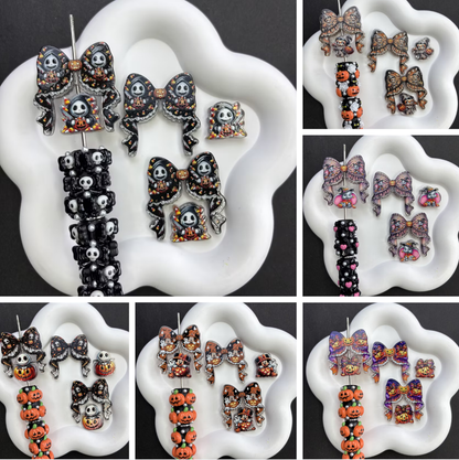 Halloween Goth Coquette Bow & Focal Beads Variety Pack for Beadable Pens, Cute Pumpkin Ghost Skeleton Acrylic Beads Mix, DIY Keychain Charm Supplies