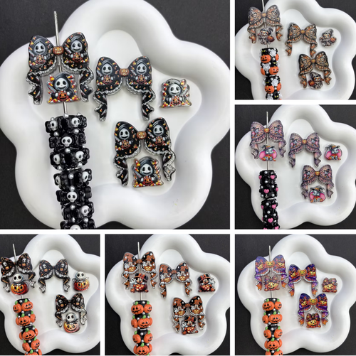 Halloween Goth Coquette Bow & Focal Beads Variety Pack for Beadable Pens, Cute Pumpkin Ghost Skeleton Acrylic Beads Mix, DIY Keychain Charm Supplies