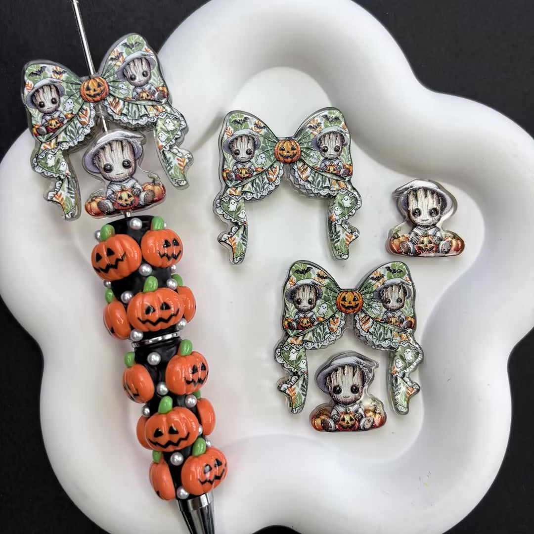 Spooky Cute Halloween Character Focal Beads Mix, Vintage Pumpkin Monster & Bow Spacers for DIY Beadable Pen, Holiday Keychain Jewelry Making Supplies
