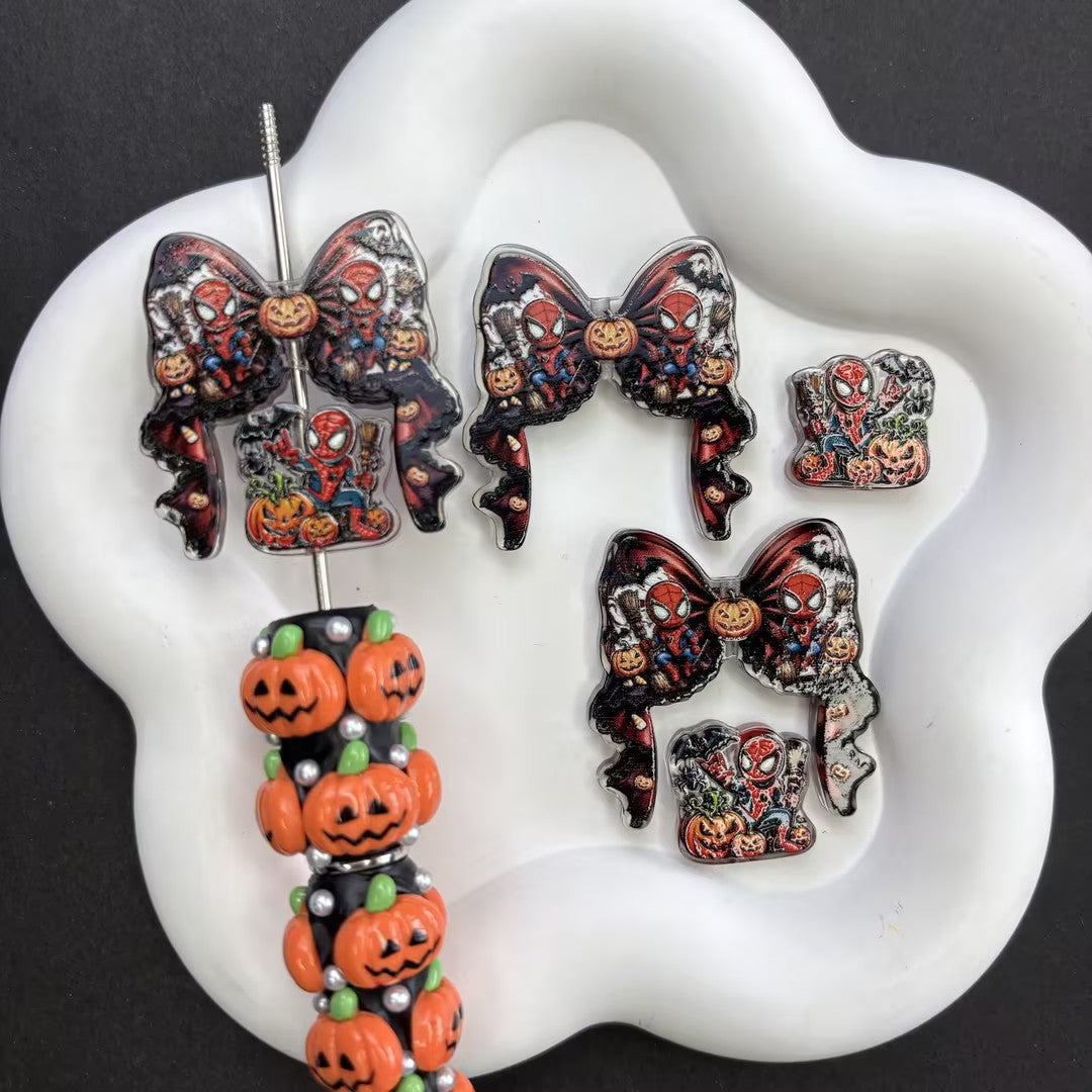 Spooky Cute Halloween Character Focal Beads Mix, Vintage Pumpkin Monster & Bow Spacers for DIY Beadable Pen, Holiday Keychain Jewelry Making Supplies
