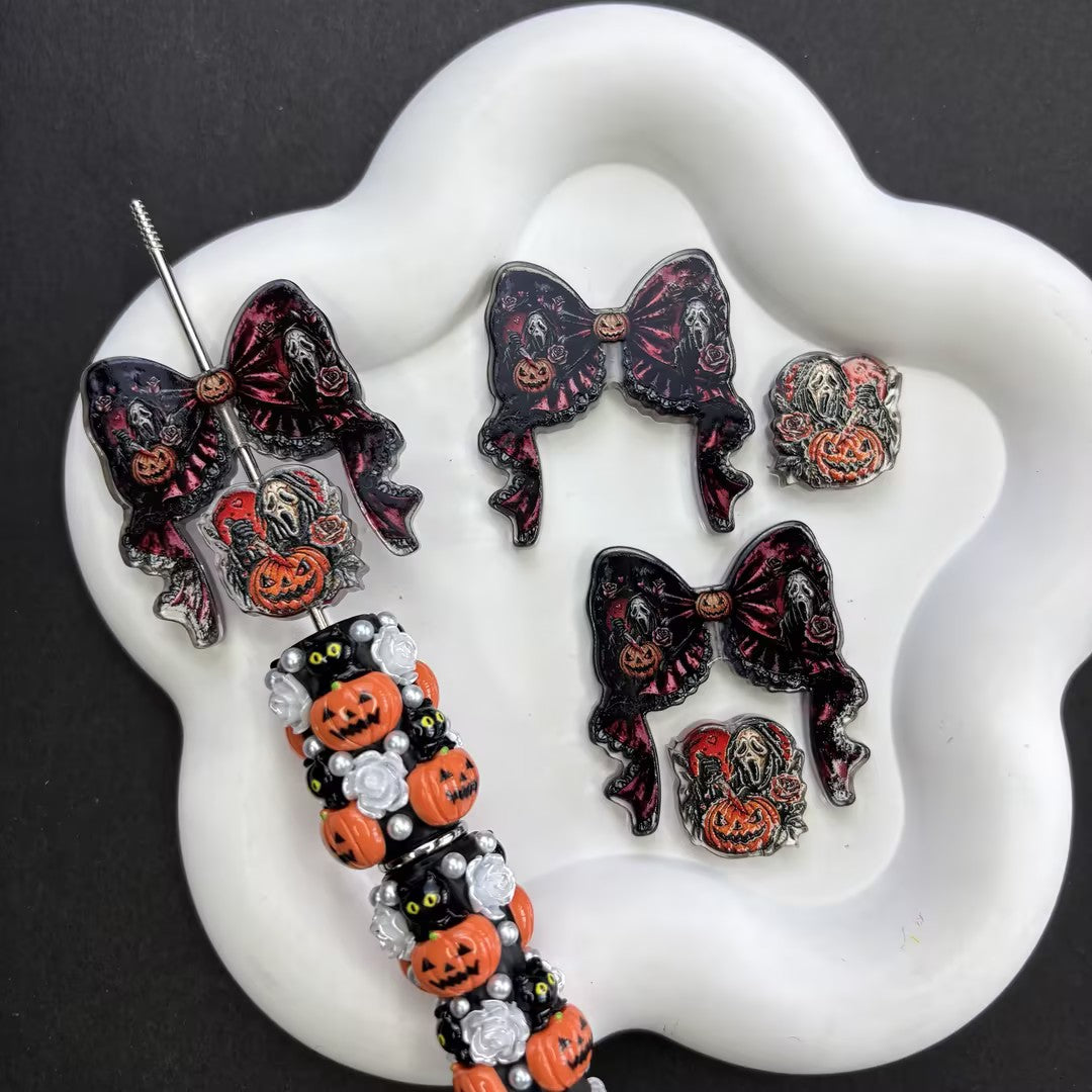 Spooky Cute Halloween Character Focal Beads Mix, Vintage Pumpkin Monster & Bow Spacers for DIY Beadable Pen, Holiday Keychain Jewelry Making Supplies