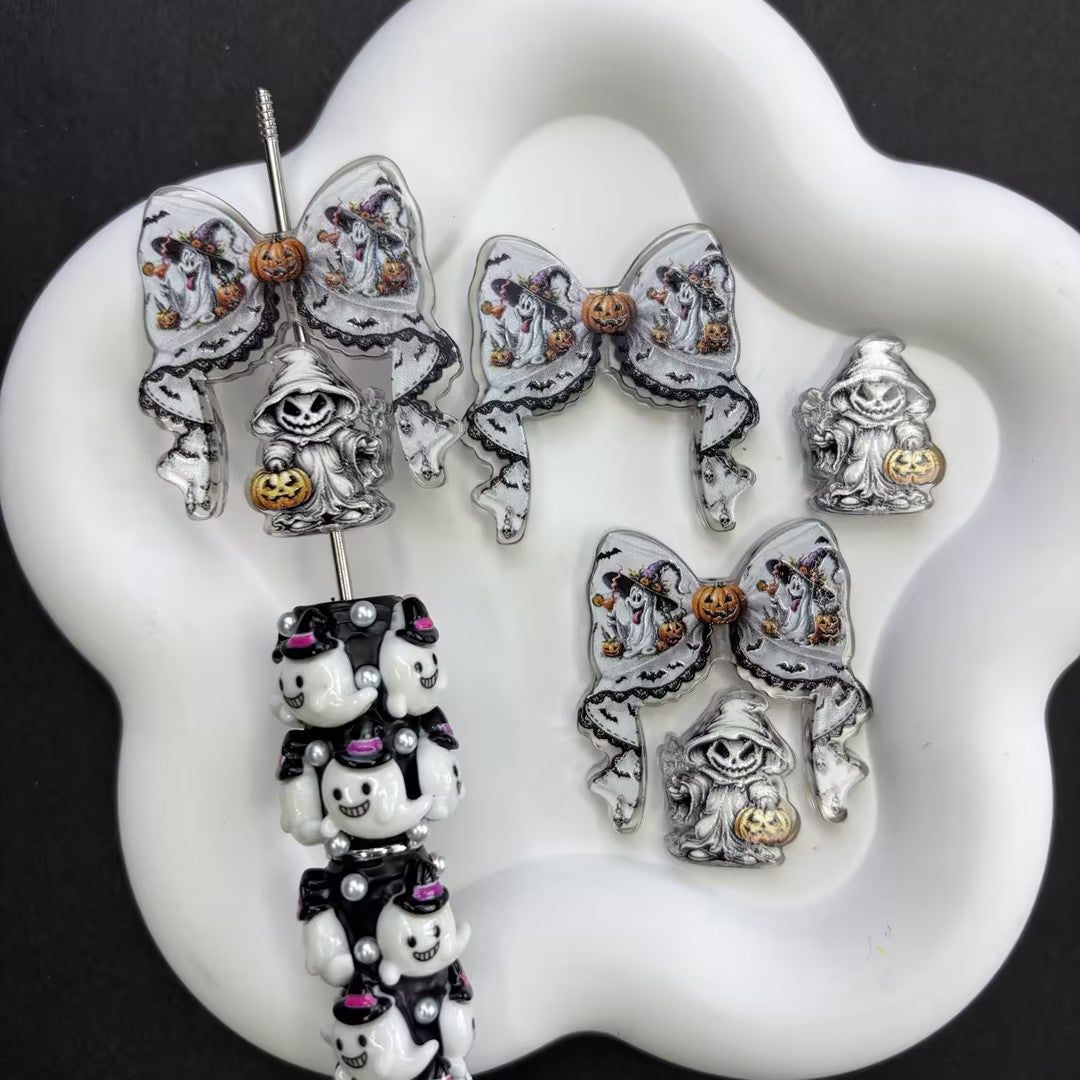 Spooky Cute Halloween Character Focal Beads Mix, Vintage Pumpkin Monster & Bow Spacers for DIY Beadable Pen, Holiday Keychain Jewelry Making Supplies