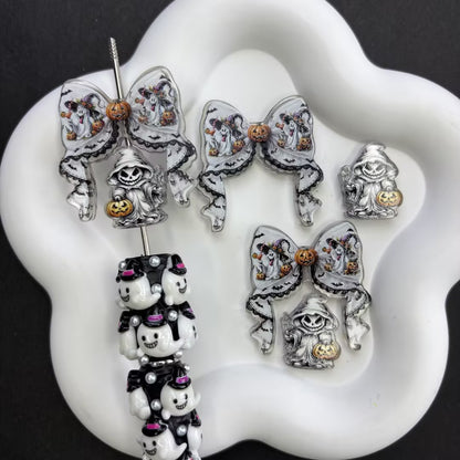 Spooky Cute Halloween Character Focal Beads Mix, Vintage Pumpkin Monster & Bow Spacers for DIY Beadable Pen, Holiday Keychain Jewelry Making Supplies