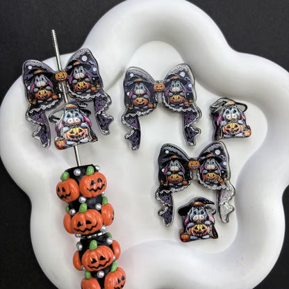 Spooky Cute Halloween Character Focal Beads Mix, Vintage Pumpkin Monster & Bow Spacers for DIY Beadable Pen, Holiday Keychain Jewelry Making Supplies