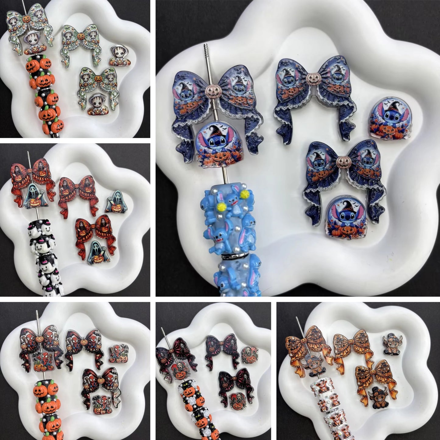 Spooky Cute Halloween Character Focal Beads Mix, Vintage Pumpkin Monster & Bow Spacers for DIY Beadable Pen, Holiday Keychain Jewelry Making Supplies