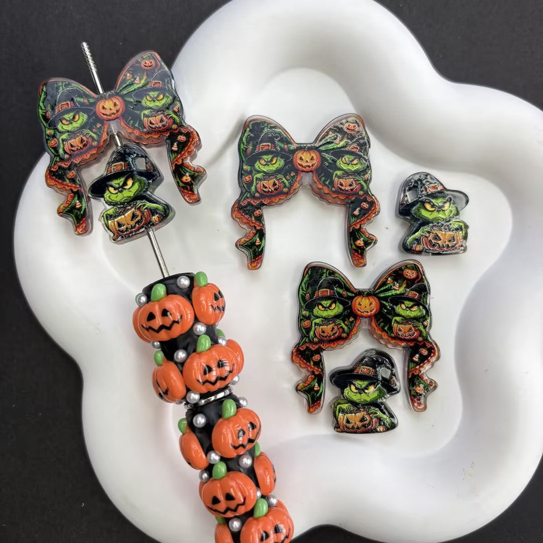 Halloween Horror Goth Coquette Bow & Focal Beads Variety Pack for Beadable Pens, Spooky Eyeball Skeleton Hand Pumpkin Beads Mix, DIY Keychain Supplies