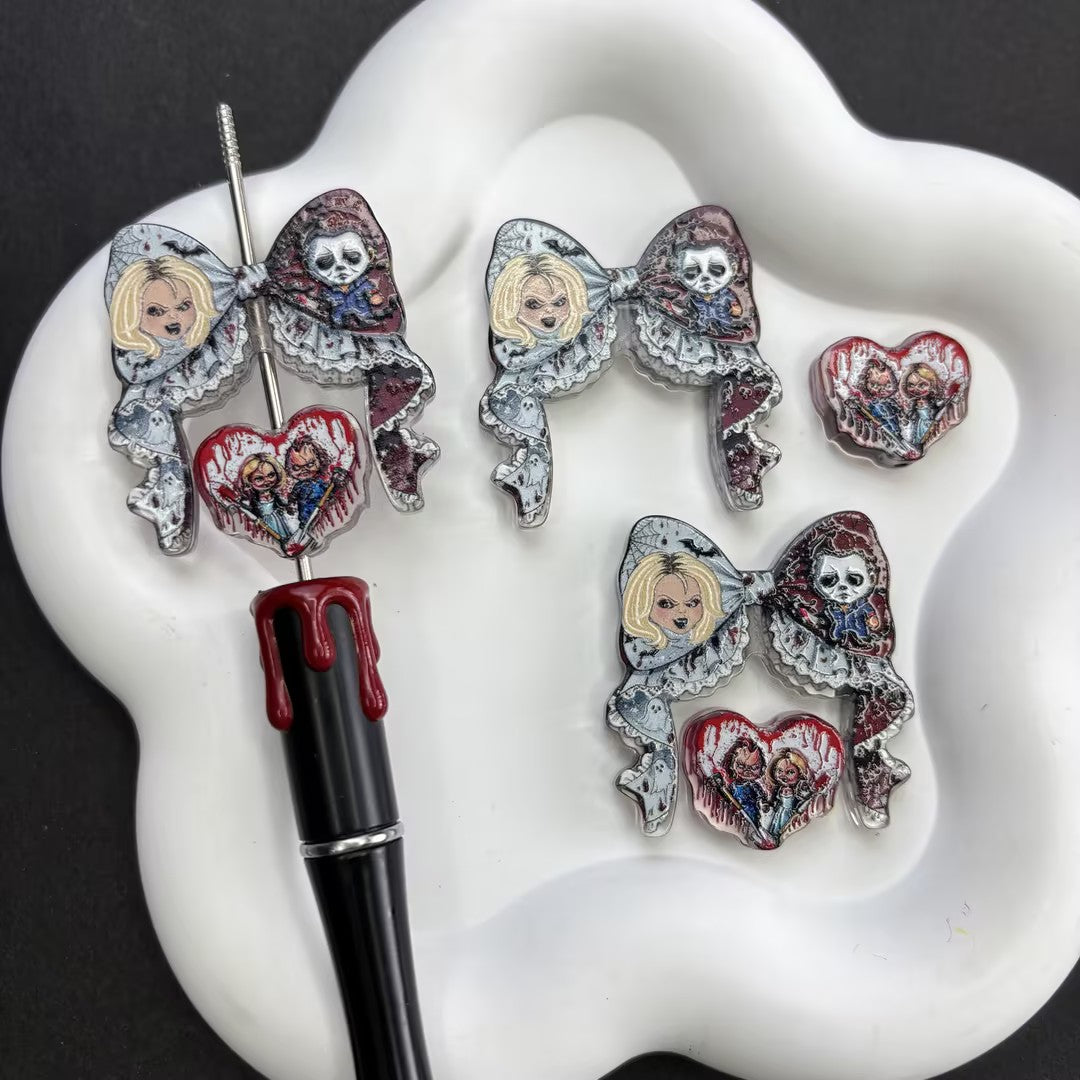 Halloween Horror Goth Coquette Bow & Focal Beads Variety Pack for Beadable Pens, Spooky Eyeball Skeleton Hand Pumpkin Beads Mix, DIY Keychain Supplies