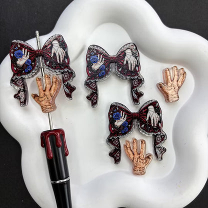 Halloween Horror Goth Coquette Bow & Focal Beads Variety Pack for Beadable Pens, Spooky Eyeball Skeleton Hand Pumpkin Beads Mix, DIY Keychain Supplies