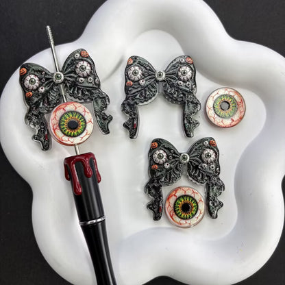 Halloween Horror Goth Coquette Bow & Focal Beads Variety Pack for Beadable Pens, Spooky Eyeball Skeleton Hand Pumpkin Beads Mix, DIY Keychain Supplies