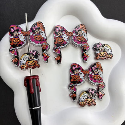 Halloween Horror Goth Coquette Bow & Focal Beads Variety Pack for Beadable Pens, Spooky Eyeball Skeleton Hand Pumpkin Beads Mix, DIY Keychain Supplies