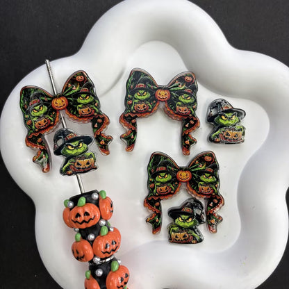 Halloween Horror Goth Coquette Bow & Focal Beads Variety Pack for Beadable Pens, Spooky Eyeball Skeleton Hand Pumpkin Beads Mix, DIY Keychain Supplies