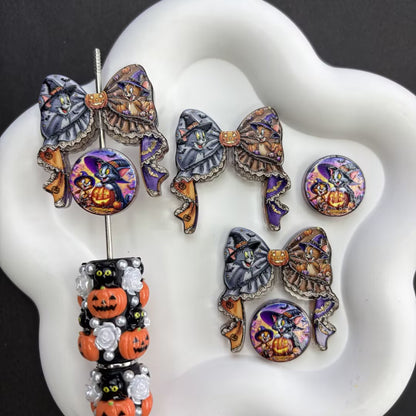 Halloween Horror Goth Coquette Bow & Focal Beads Variety Pack for Beadable Pens, Spooky Eyeball Skeleton Hand Pumpkin Beads Mix, DIY Keychain Supplies