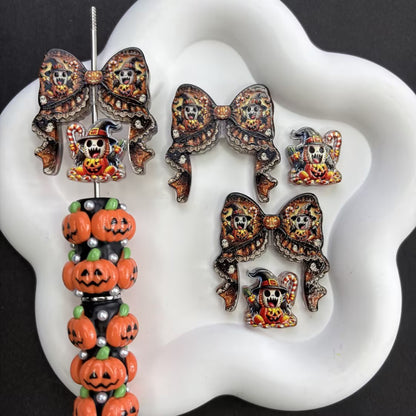 Halloween Horror Goth Coquette Bow & Focal Beads Variety Pack for Beadable Pens, Spooky Eyeball Skeleton Hand Pumpkin Beads Mix, DIY Keychain Supplies