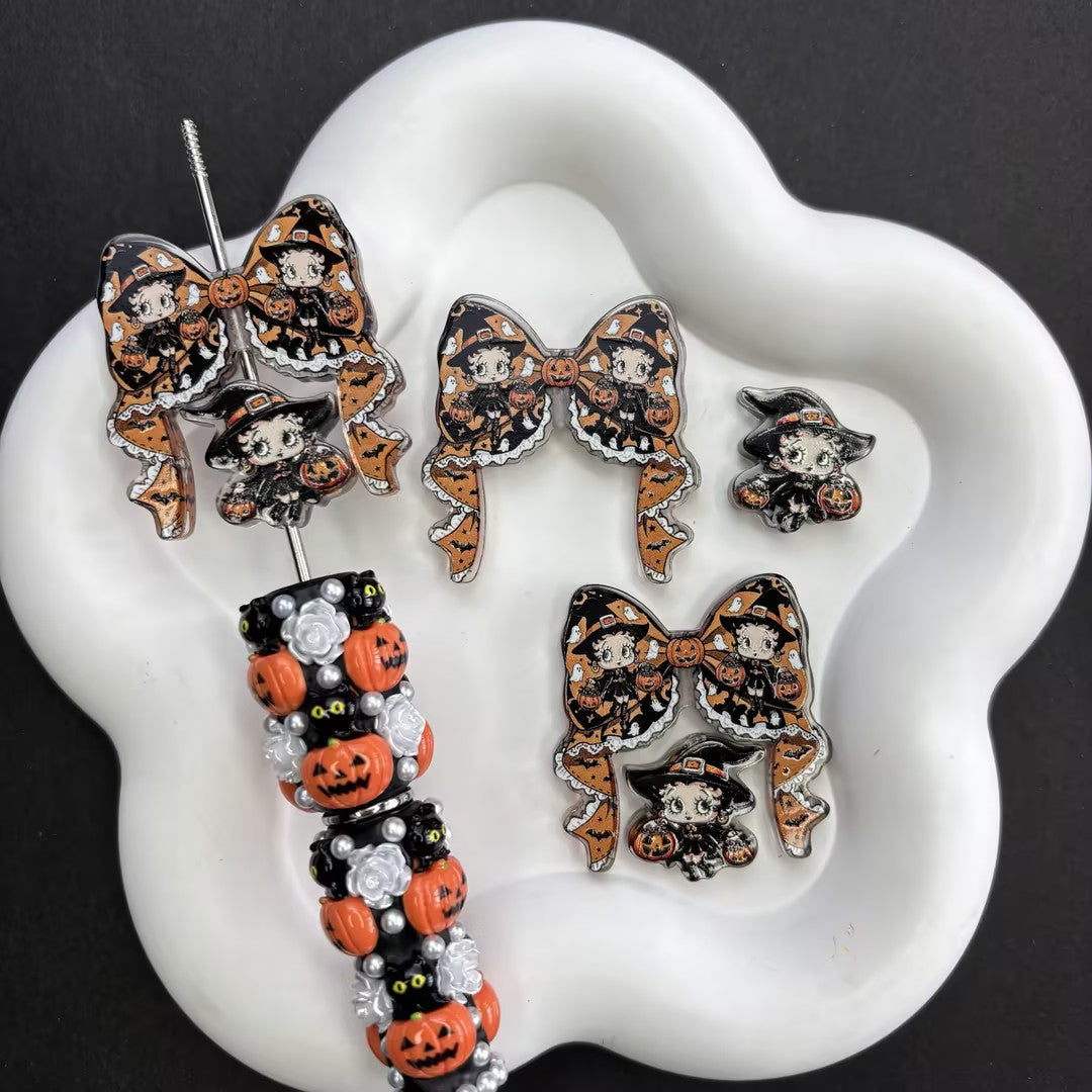 Halloween Horror Goth Coquette Bow & Focal Beads Variety Pack for Beadable Pens, Spooky Eyeball Skeleton Hand Pumpkin Beads Mix, DIY Keychain Supplies