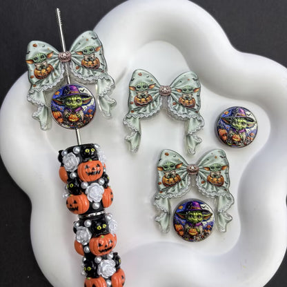 Halloween Horror Goth Coquette Bow & Focal Beads Variety Pack for Beadable Pens, Spooky Eyeball Skeleton Hand Pumpkin Beads Mix, DIY Keychain Supplies