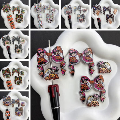 Halloween Horror Goth Coquette Bow & Focal Beads Variety Pack for Beadable Pens, Spooky Eyeball Skeleton Hand Pumpkin Beads Mix, DIY Keychain Supplies