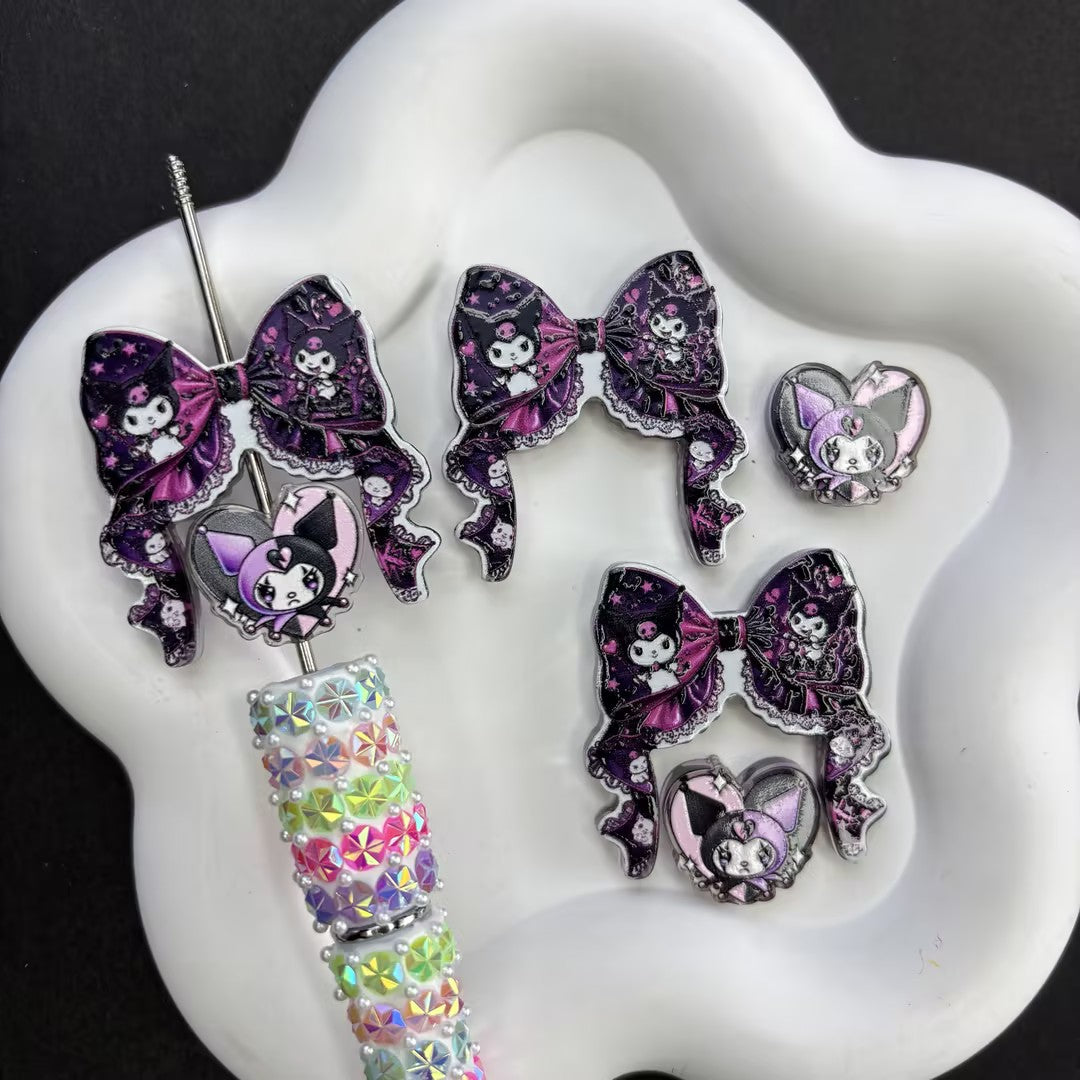 Cute Kuromi Inspired Acrylic Focal Beads for Beadable Pens, Goth Coquette Bow Glitter Beads,