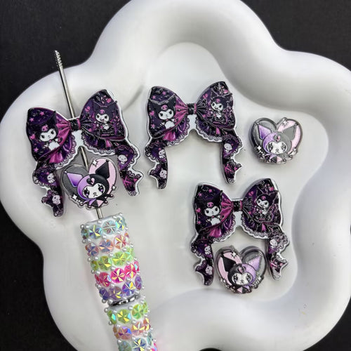 Cute Kuromi Inspired Acrylic Focal Beads for Beadable Pens, Goth Coquette Bow Glitter Beads,