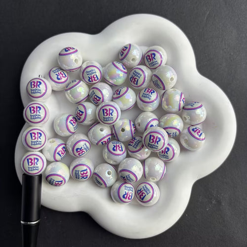 16mm Iridescent Baskin Robbins Acrylic Beads for Beadable Pens, Cute Ice Cream Shop Round Beads, Dessert Lover Gift Spacer Beads for Keychain DIY Crafts
