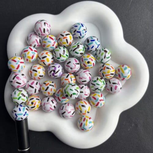 16mm Colorful Rainbow Sprinkle Beads for Beadable Pens, Cute White Round Acrylic Beads Mix, Sweet Donut Ice Cream Cake Pattern Spacer Beads DIY Crafts