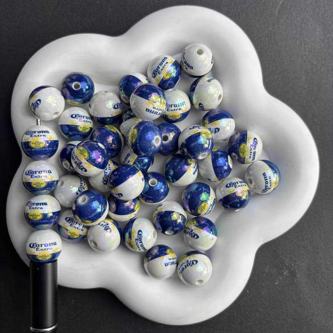 16mm Iridescent Corona Extra Acrylic Beads for Beadable Pens, Cute Beer Brand Round Beads, Beverage Lover Gift Spacer Beads for Keychain DIY Crafts
