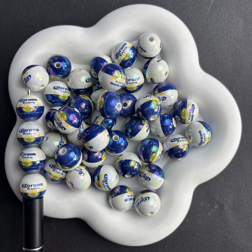 16mm Iridescent Corona Extra Acrylic Beads for Beadable Pens, Cute Beer Brand Round Beads, Beverage Lover Gift Spacer Beads for Keychain DIY Crafts