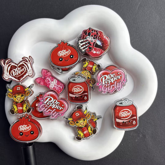 Dr Pepper Inspired Acrylic Focal Beads for Beadable Pens, Cute Girly Pink Heart Beads Mix, Trendy Cow Skull Bow Charms for Keychain DIY Crafts