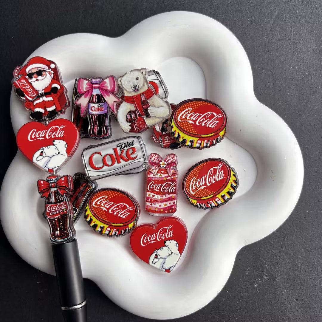 Coca-Cola Inspired Acrylic Focal Beads for Beadable Pens, Cute Diet Coke Polar Bear Beads Mix, Christmas Santa Coquette Bow Charms for Keychain DIY