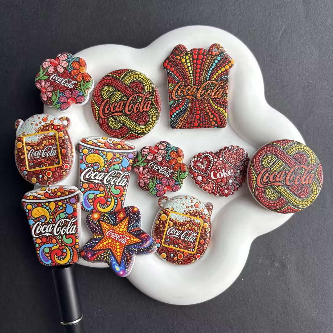 Coca-Cola Inspired Dot Art Acrylic Focal Beads for Beadable Pens, Cute Mandala Beverage Cups Beads Mix, Psychedelic Coke Charms for Keychain DIY