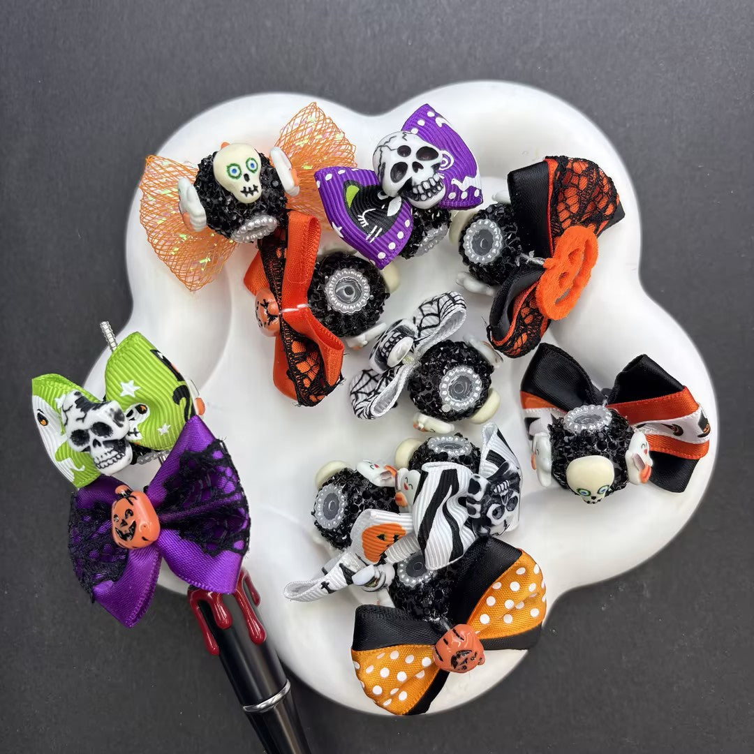 Halloween Ribbon Bow Rhinestone Spacer Beads for Beadable Pens, 3D Spooky Skull Pumpkin Bows Charm, DIY Festive Keychain Jewelry Making Supplies