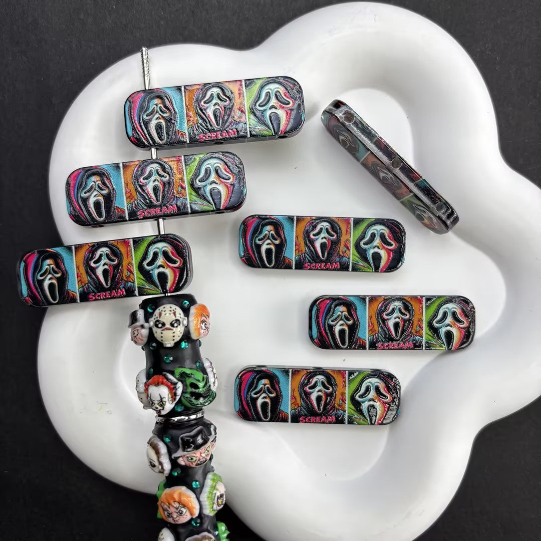 Halloween Horror 3-Hole Acrylic Beads, Pink Ghost Face Spacer Charm for Multi-Strand Bracelet, Spooky Romantic Beads for DIY Jewelry Making Pen Craft