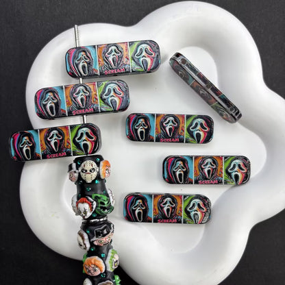 Halloween Horror 3-Hole Acrylic Beads, Pink Ghost Face Spacer Charm for Multi-Strand Bracelet, Spooky Romantic Beads for DIY Jewelry Making Pen Craft