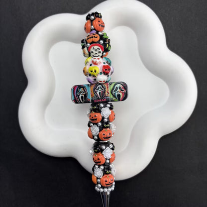 Halloween Horror 3-Hole Acrylic Beads, Pink Ghost Face Spacer Charm for Multi-Strand Bracelet, Spooky Romantic Beads for DIY Jewelry Making Pen Craft