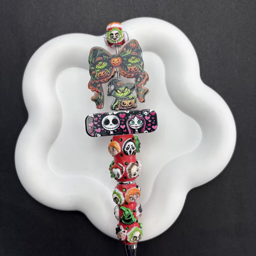 Halloween Horror 3-Hole Acrylic Beads, Pink Ghost Face Spacer Charm for Multi-Strand Bracelet, Spooky Romantic Beads for DIY Jewelry Making Pen Craft