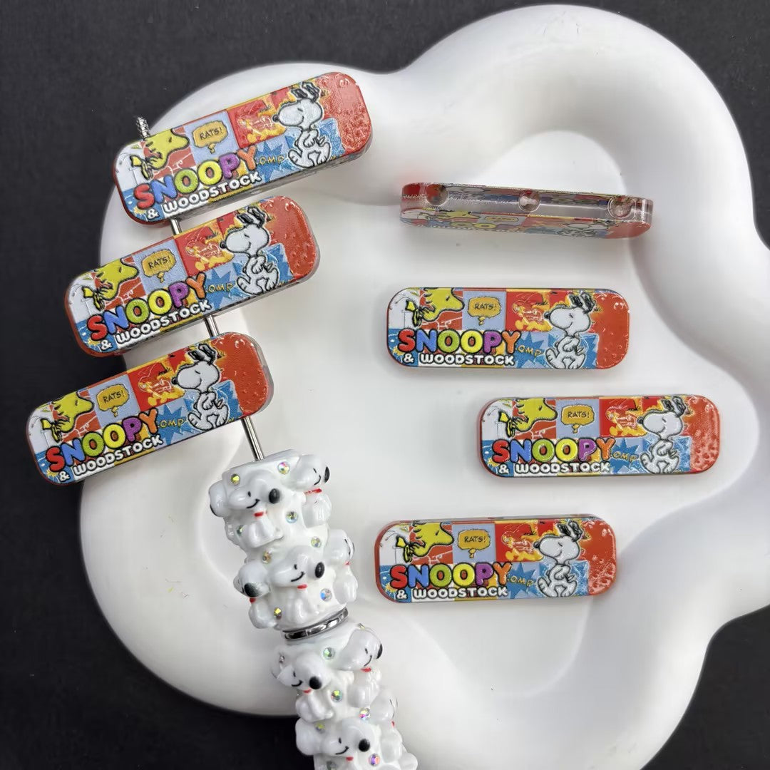 Snoopy and Woodstock 3-Hole Acrylic Beads, Retro Comic Book Spacer Charm for Multi-Strand Bracelet, Cute Cartoon Focal Beads for DIY Beadable Pen Craft