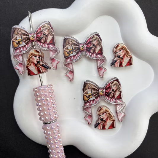 Pop Star Singer DIY Pen Topper & Focal Bead Set | Pink Lace Ribbon Bow & Portrait Charms for Bead Pen Making