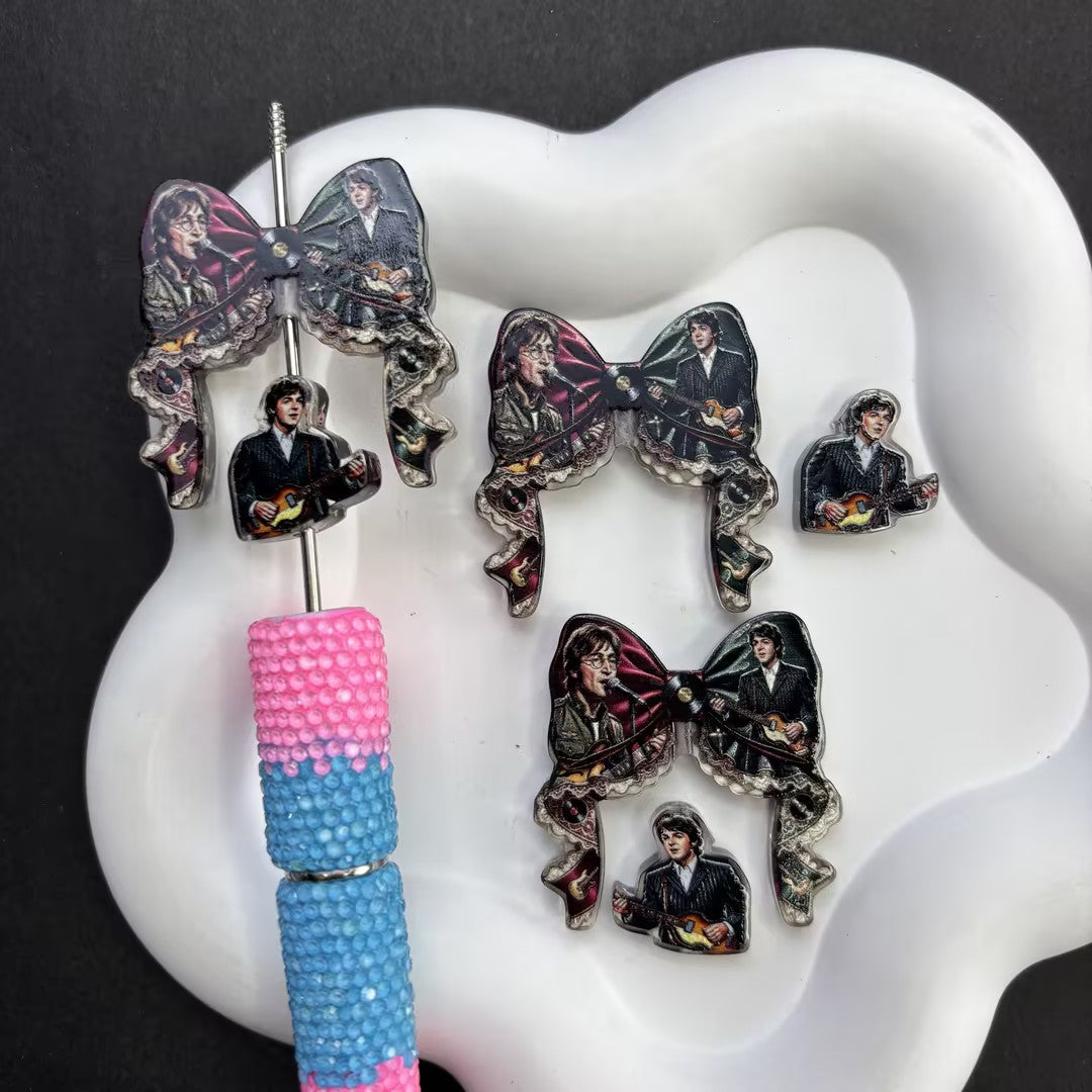 Classic Rock Band DIY Pen Topper & Focal Bead Set | Retro Record Ribbon Bow & Guitarist Charms for Bead Pen Making