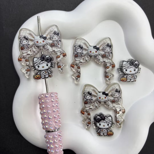 Halloween Mummy Cat DIY Focal Bead Kit | Spooky Bows, Spiderweb & Pumpkin Toppers for Bead Pens, Keychains (Pen NOT Included)