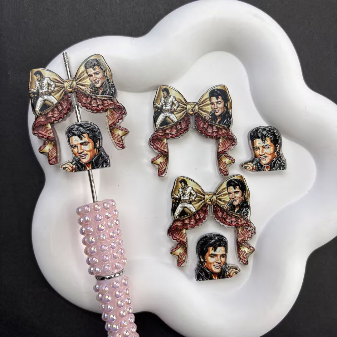 King of Rock DIY Focal Bead & Topper Set | Retro Golden Bow & Singer Charms for Bead Pens (No Pen Included)