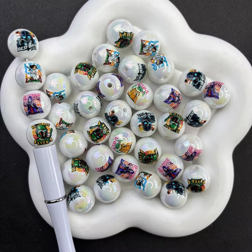 16mm Star Wars Printed Iridescent Chunky Beads, Galactic Hero & Villain Acrylic Beads for DIY Pens & Keychains
