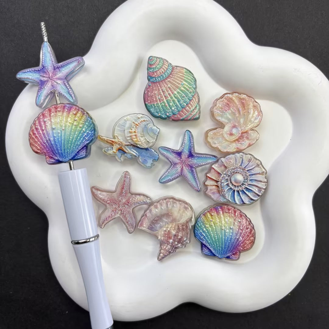 Iridescent Seashell & Starfish Focal Beads, Ocean Theme Acrylic Beads for DIY Beadable Pens & Keychains