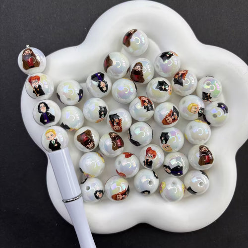 16mm Wizard School Printed Pearl Beads, Magical Academy Character Beads for DIY Beadable Pens & Crafts