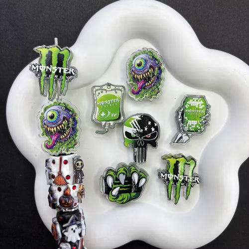 Monster Energy Drink Focal Beads, Edgy Green Claw & Skull Acrylic Beads for DIY Beadable Pens & Keychains