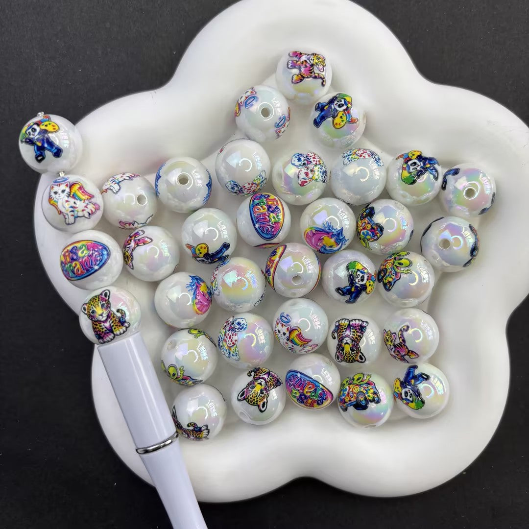 16mm Lisa Frank Inspired Rainbow Animal Pearl Beads, Iridescent Chunky Acrylic Beads for Pen Supplies