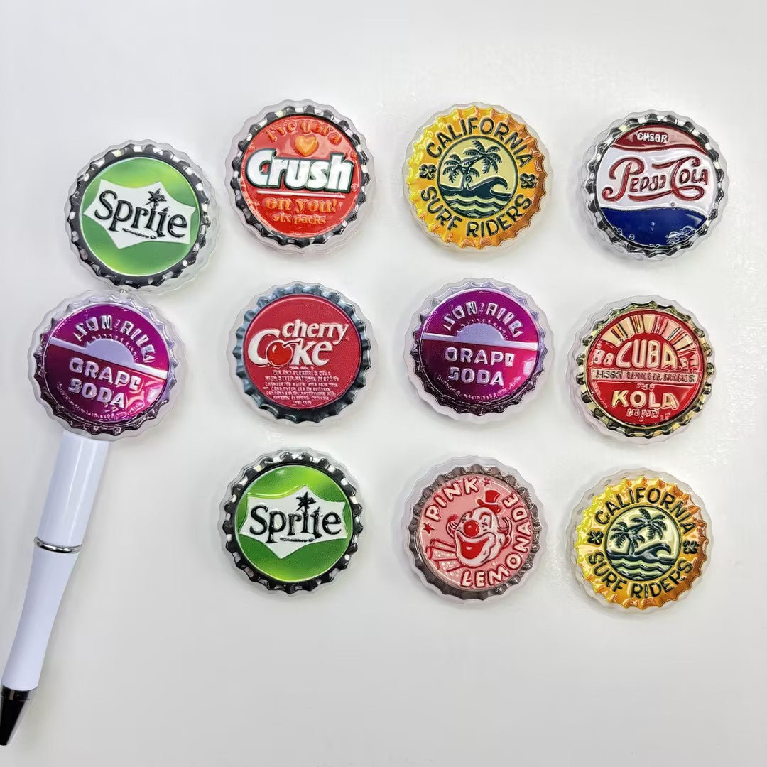 Vintage Soda Bottle Cap Focal Beads, Retro Drink Printed Acrylic Beads for DIY Beadable Pens & Keychains