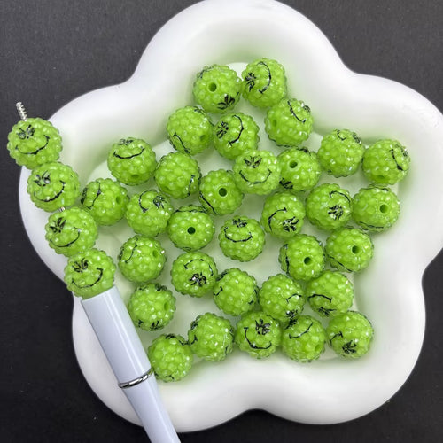 16mm Lime Green Grinch Smile Rhinestone Beads, Christmas Printed Berry Beads for DIY Beadable Pens & Keychains