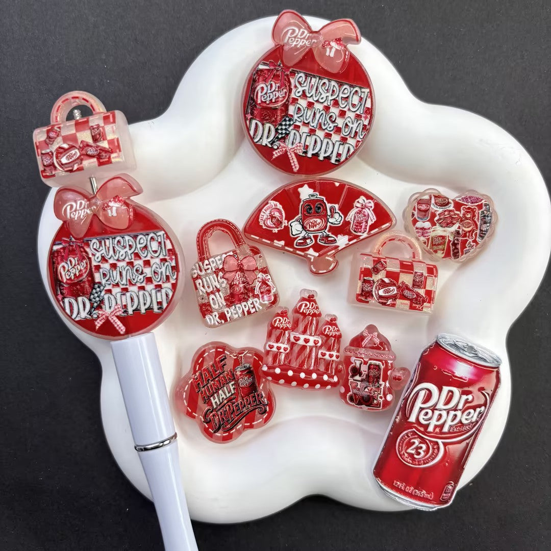 Dr Pepper Soda Inspired Focal Beads, Red & White Beverage Acrylic Charms for DIY Beadable Pens & Keychains